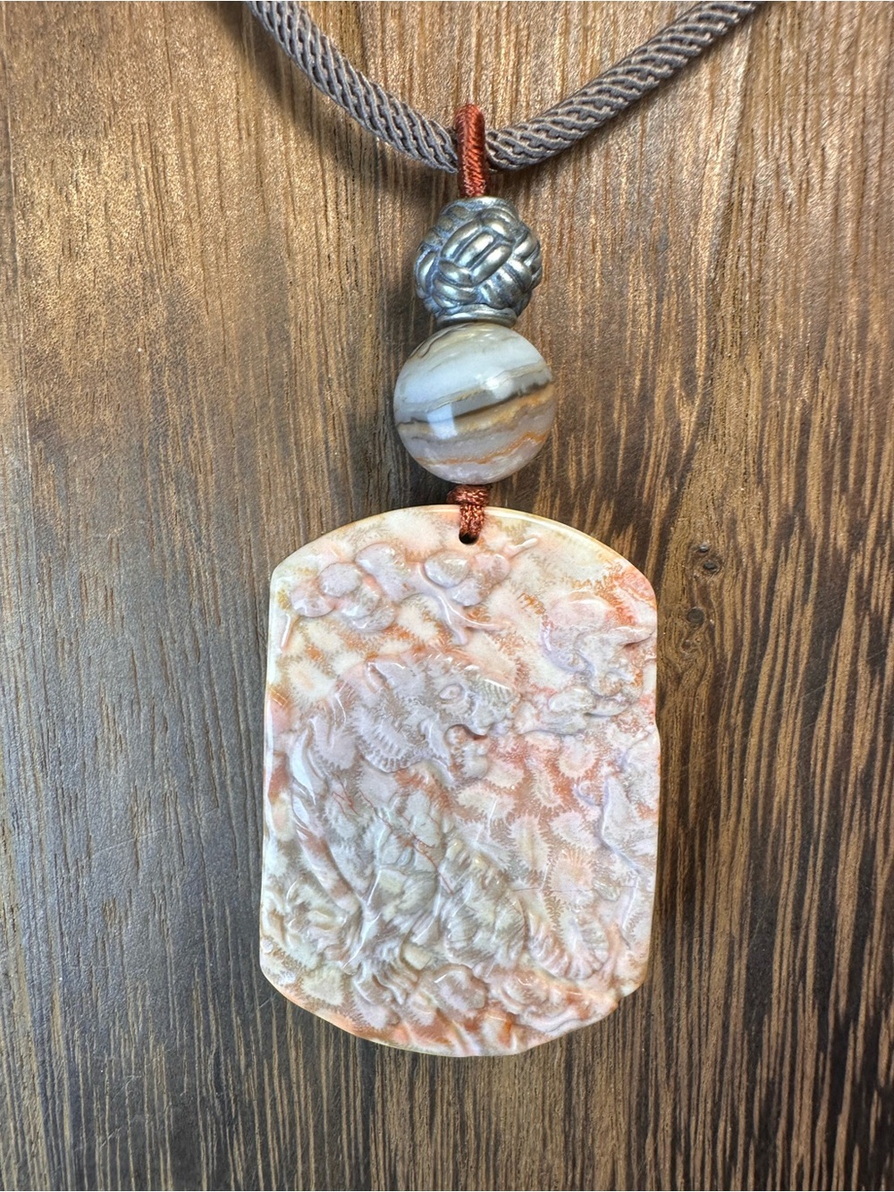 Coral Fossil Tiger Pendant Necklace on Light Brown Adjustable Rope - Picture 3 of 16